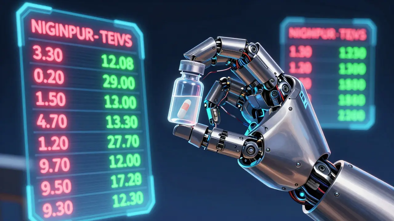 A robotic hand holding medicine with holographic price comparisons in the background