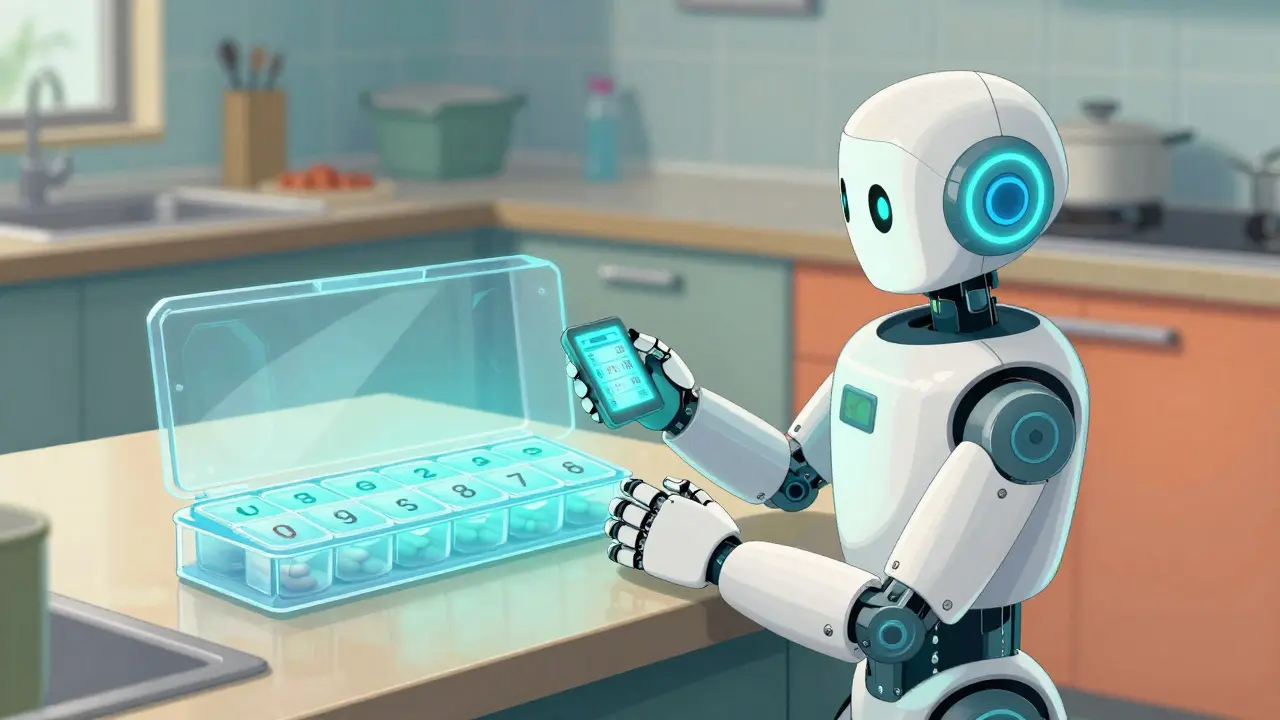 A utility robot checking a holographic schedule next to a pill organizer.