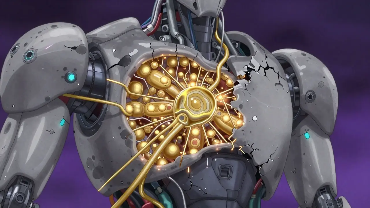 Abstract mechanical view of failing power conduits and brittle synthetic fibers