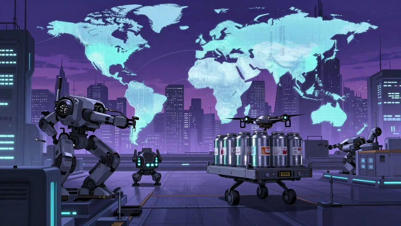 Automated delivery robots transporting medical canisters over a neon cyberpunk city.