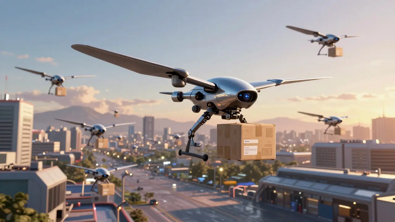 Autonomous delivery drones transporting medical packages over a futuristic city