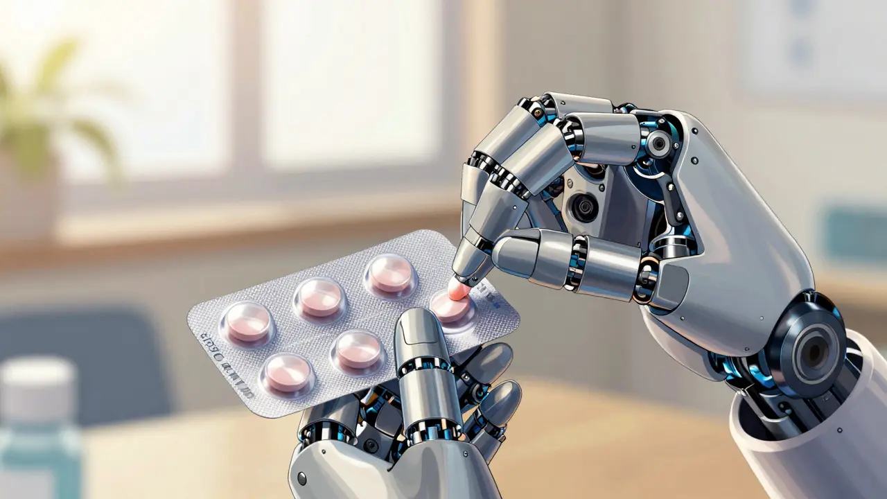 Close-up of a robotic hand pressing a pill out of a blister pack.