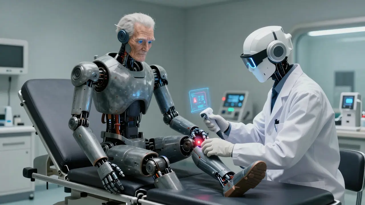 Doctor android scanning the ankle of an elderly robot in a futuristic clinic