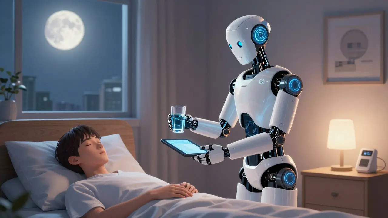 Friendly humanoid robot assisting a patient with medication in a peaceful futuristic bedroom