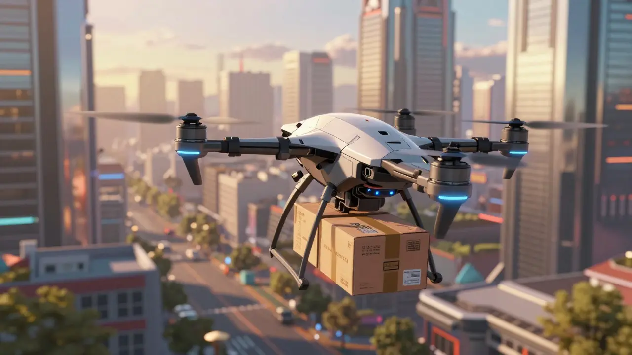 Futuristic delivery drone carrying a medical package over a sci-fi city