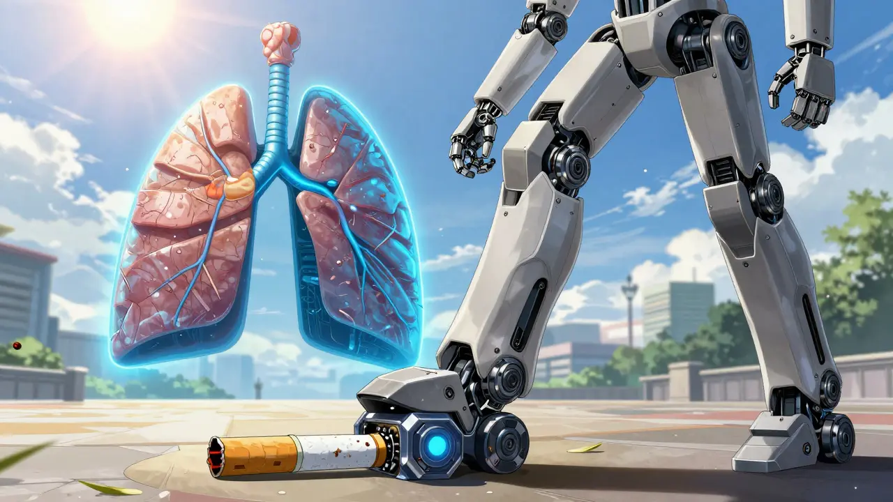 Humanoid robot crushing a futuristic cigarette to symbolize quitting smoking and healing.