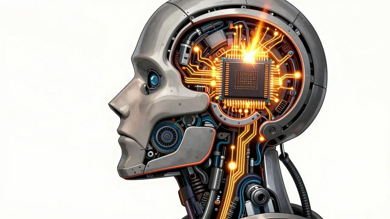 Mechanical cross-section of a robot showing a collapsed throat and malfunctioning brain chip.