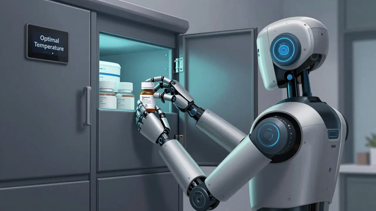 Mechanical robot hand placing medicine in a high-tech storage locker
