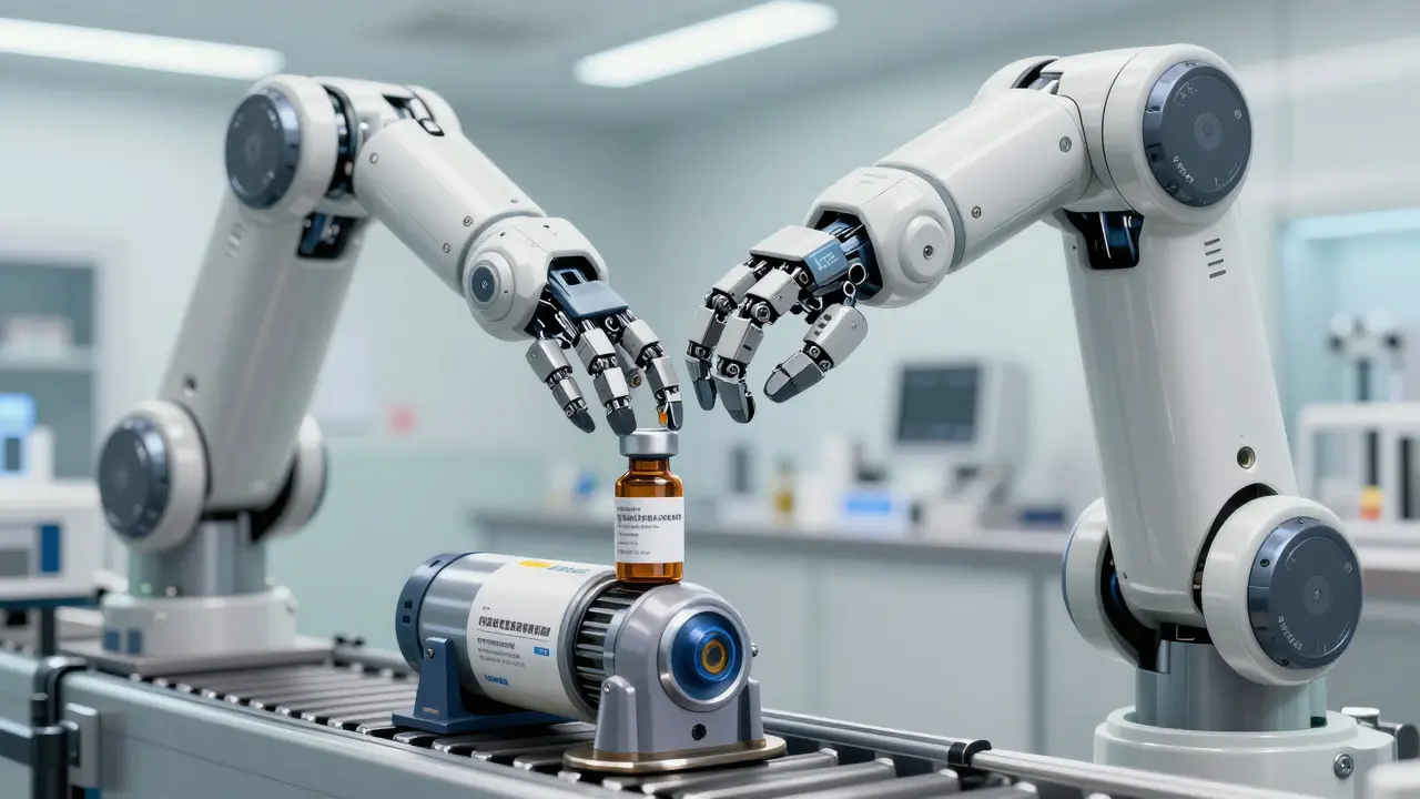 Precise robotic arm preparing a labeled medication bottle in a high-tech pharmacy