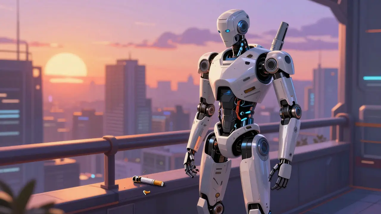 Repaired android standing in a futuristic city, symbolizing recovery and health