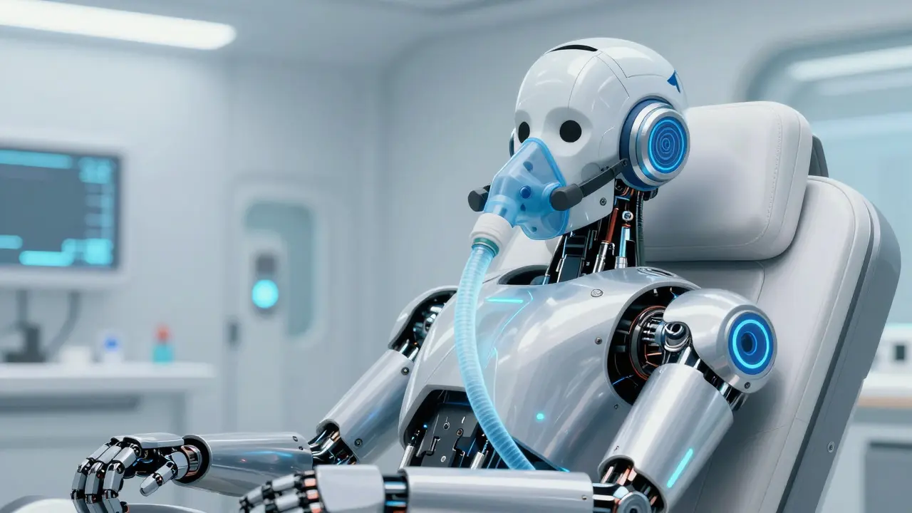 Robot in a medical bay wearing a high-tech mechanical breathing mask.