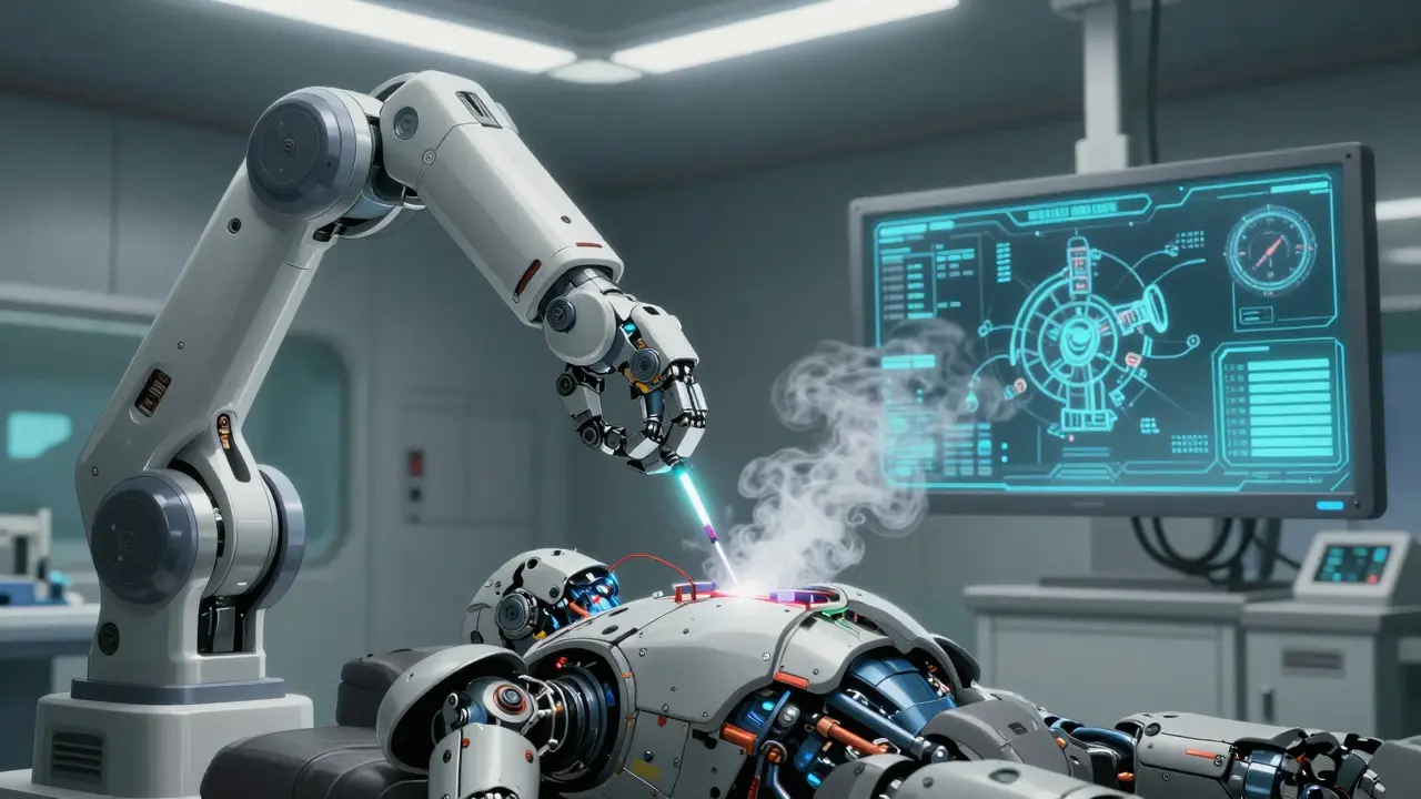 Robotic arm performing needle decompression on an android in a high-tech medbay