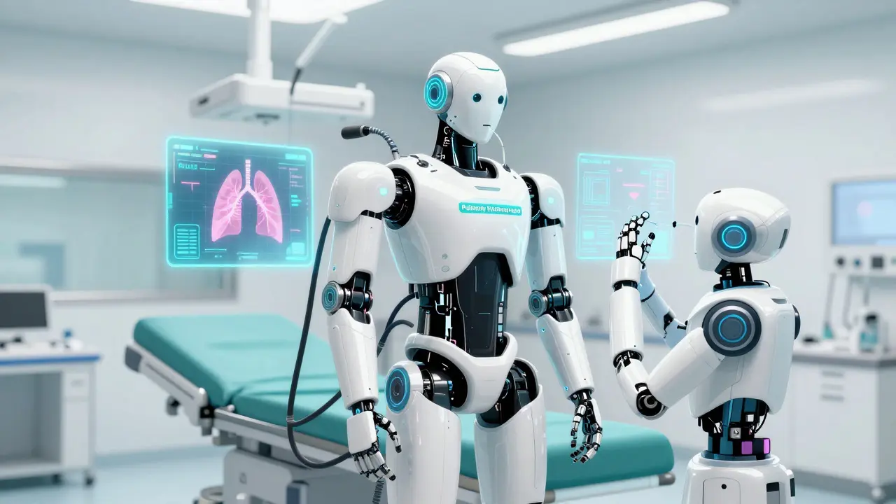 Sleek white robot in a futuristic medical bay undergoing respiratory rehabilitation.