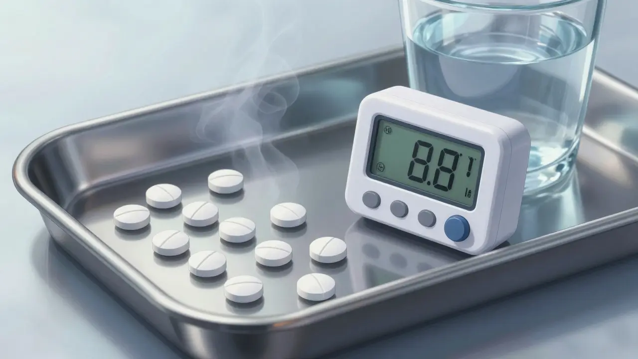 A detailed anime-style close-up of Fertogard pills and dosage tools, emphasizing precision and care in medication administration with metallic and cool-toned visuals.