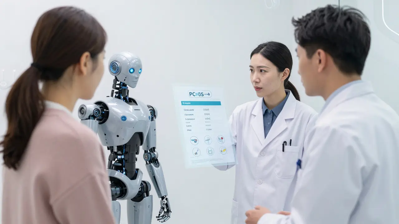 A realistic anime scene of a medical consultation discussing fertility treatments like PCOS management, with holographic aids and modern clinical aesthetics.