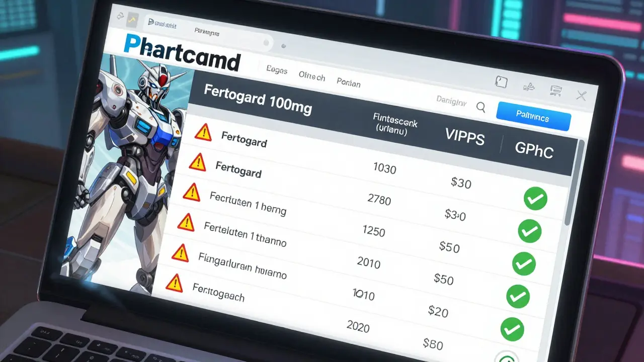 An anime-inspired depiction of online pharmacy verification, highlighting red flags for scams and green indicators for licensed sellers in a cybernetic setting.
