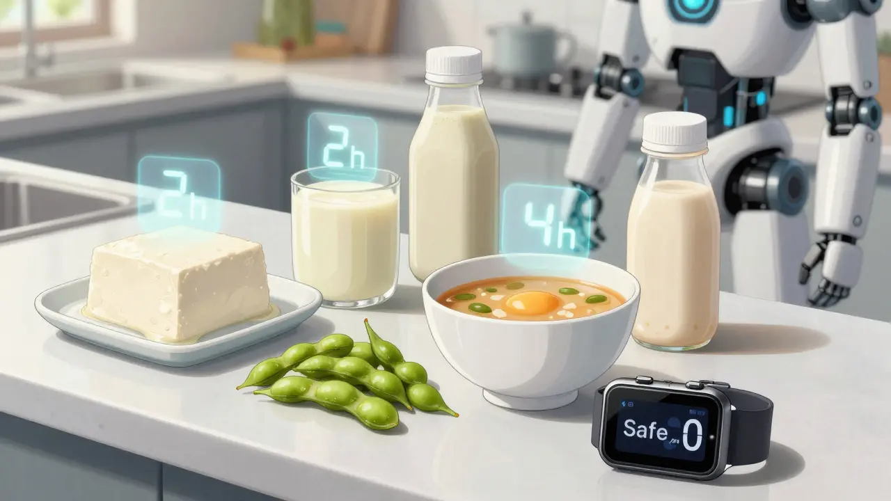 Anime kitchen scene with soy foods and holographic timers