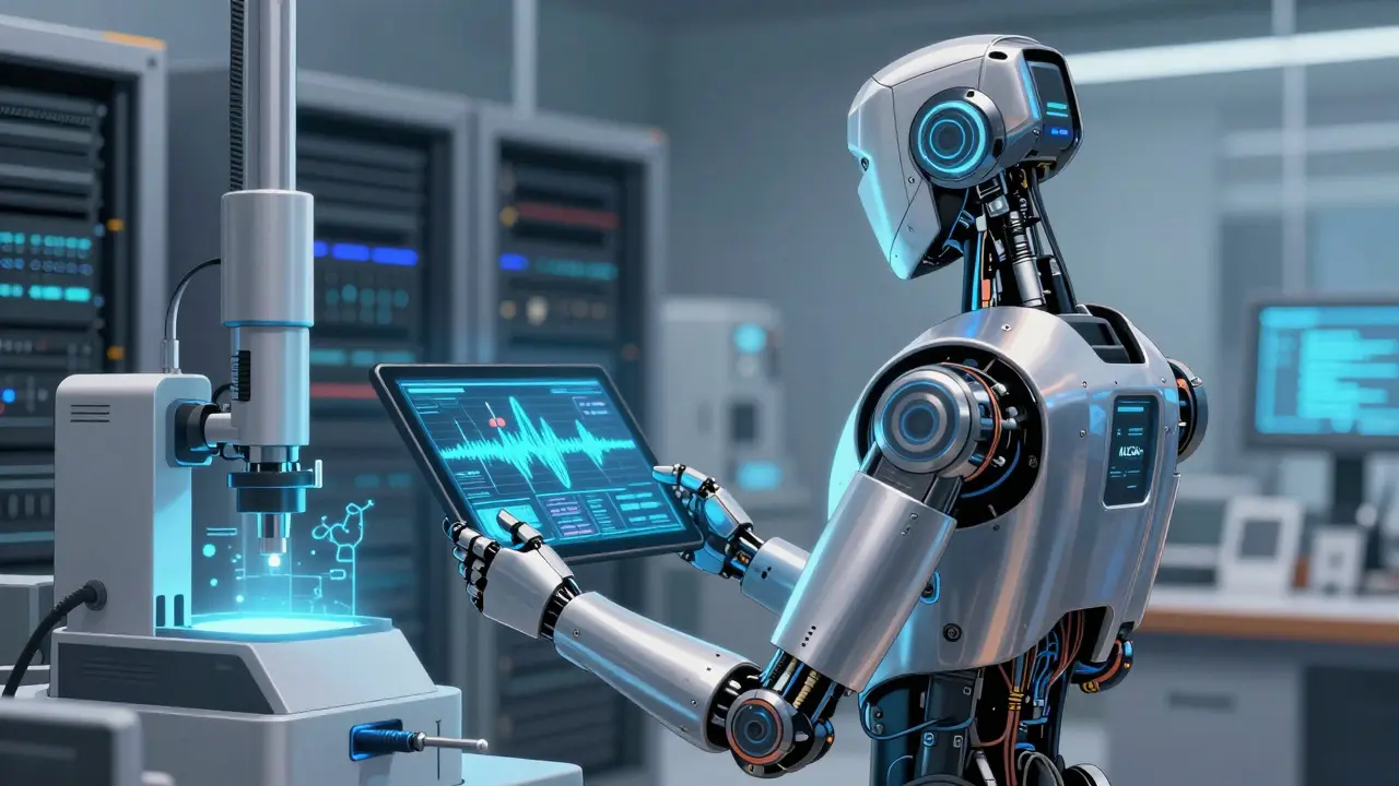 Anime style inspection robot checking data integrity in a high-tech pharmaceutical laboratory.