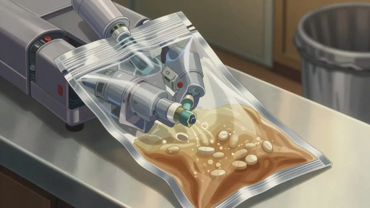 Chemical deactivation pouch dissolving pills