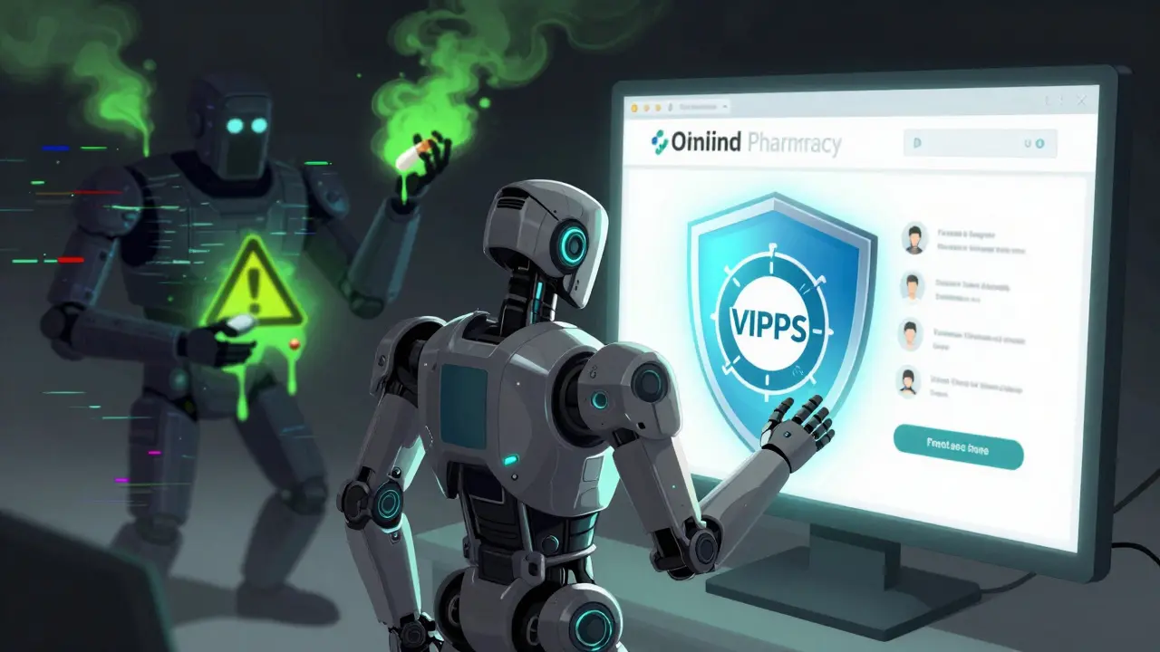 Cybersecurity robot guarding against fake online pharmacies.