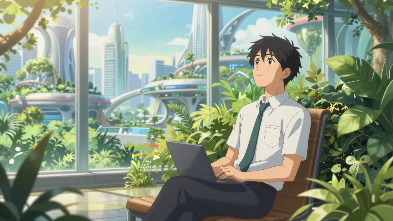 Employee relaxing in a sunny, green sanctuary away from work devices