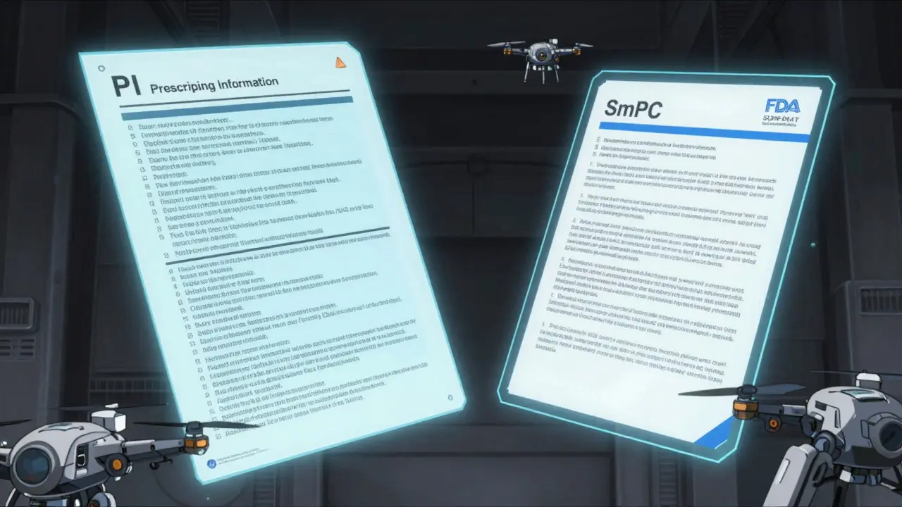 Holographic comparison of FDA PI and EMA SmPC drug labels with mechanical drones.