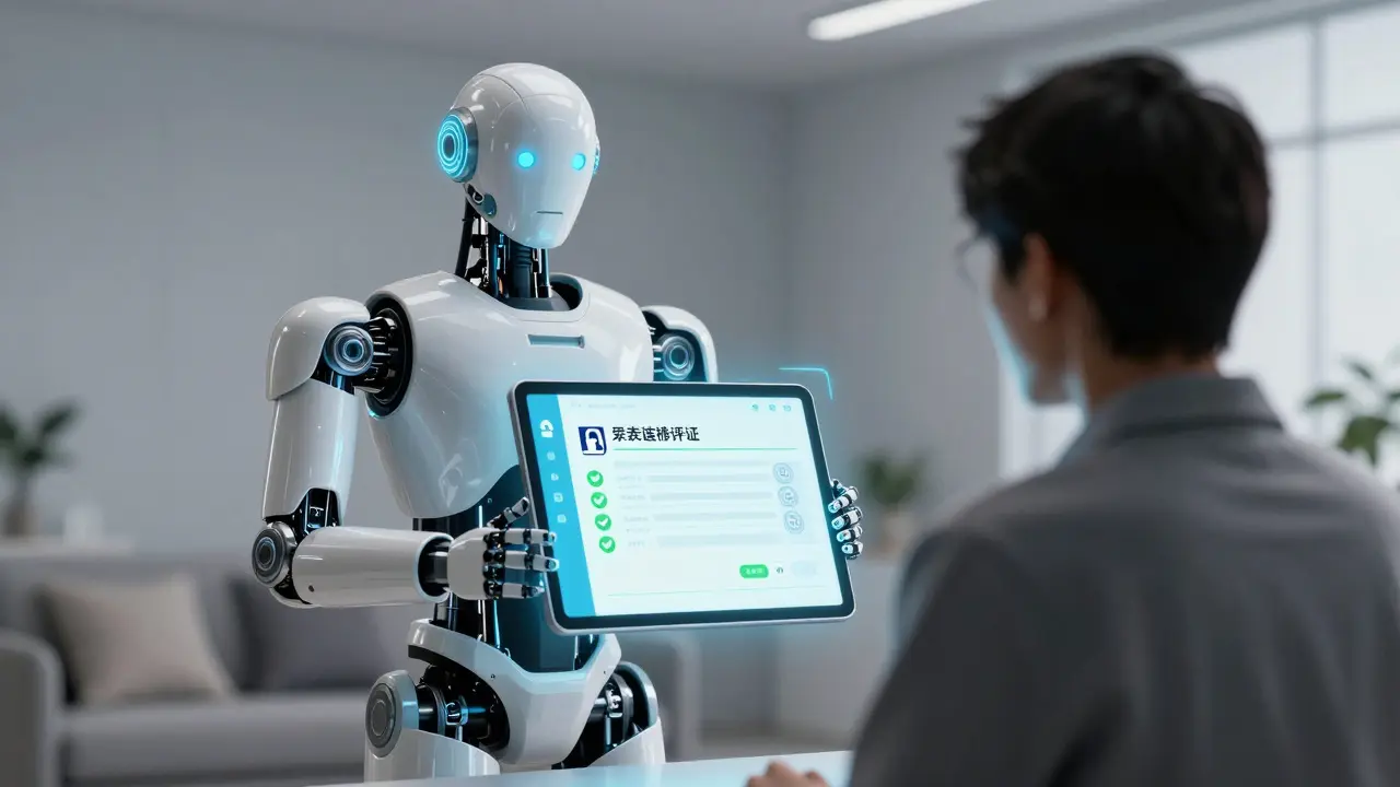 Holographic robot assistant verifying digital prescription in a modern living room