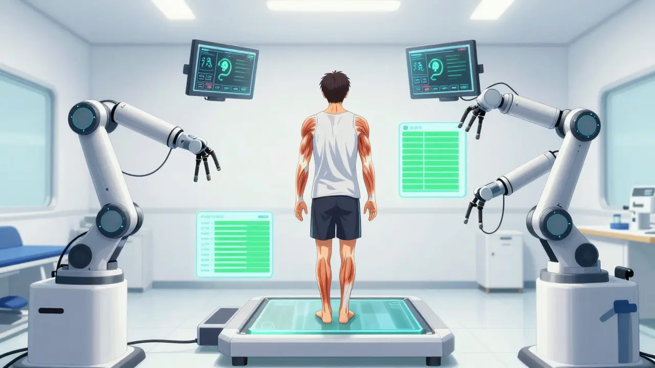 Patient performing core exercises monitored by robotic sensors in clinic