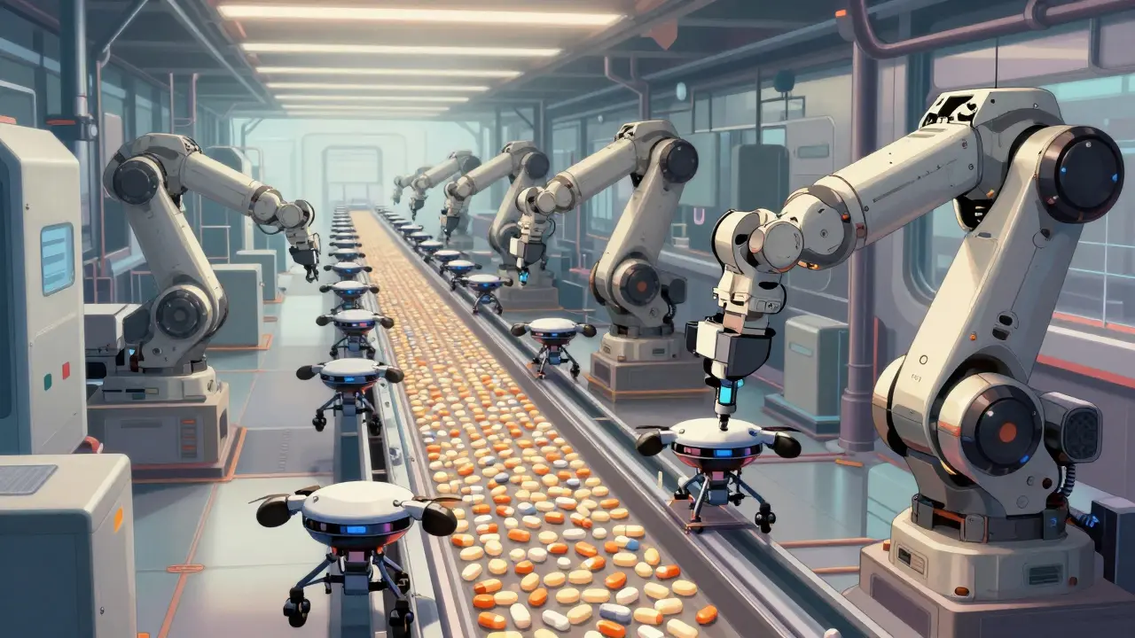 Real robot style anime illustration of continuous manufacturing line with synchronized industrial bots.