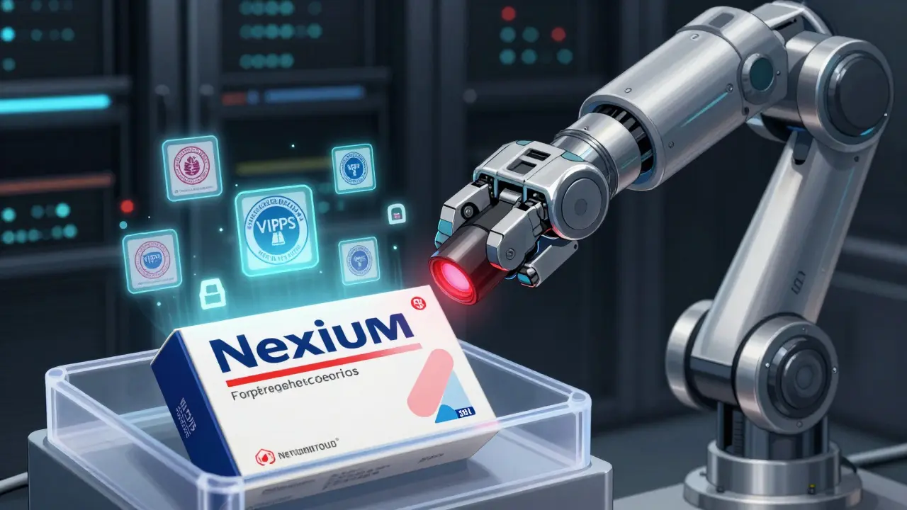 Robot scanner verifying safety seals on a box of generic Nexium