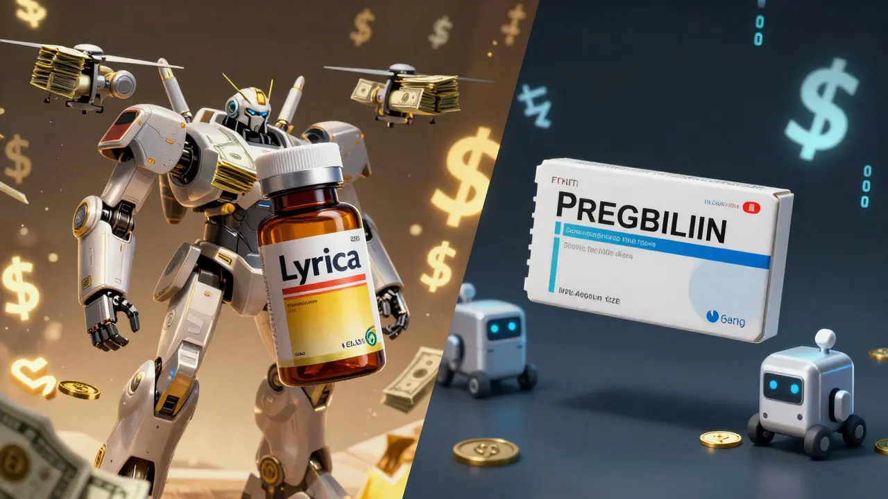 Robot-style comparison of expensive brand vs cheap generic drugs.