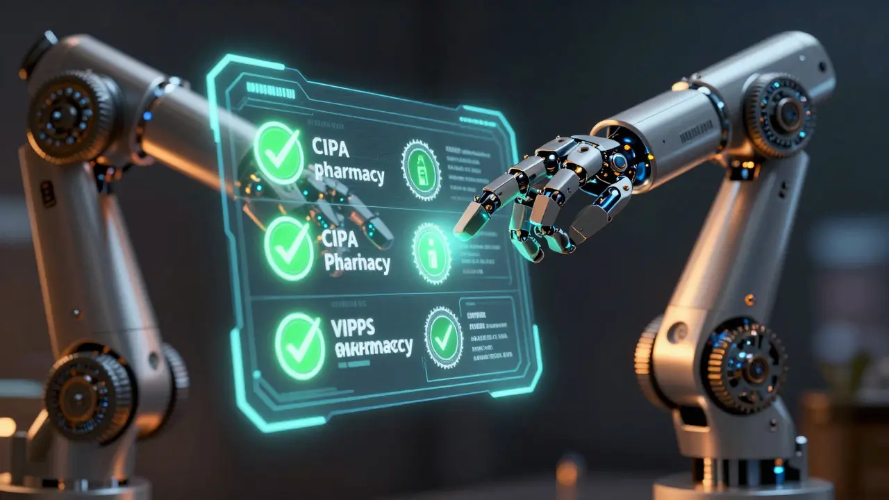 Robotic arm verifying pharmacy accreditation via holographic security seals.
