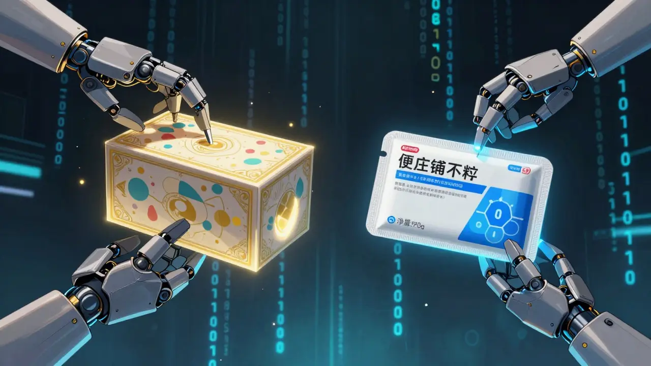 Robotic arms selecting generic medication box next to premium brand in cybernetic void