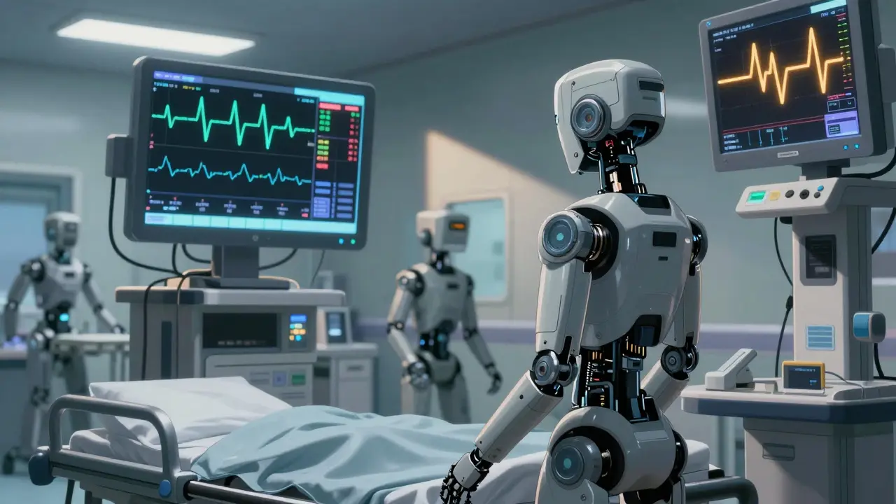 Robotic nurse monitoring ECG screen showing prolonged QT interval