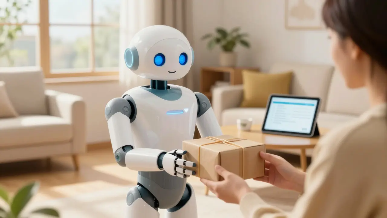 Service robot handing over a discreetly packaged medicine box indoors.