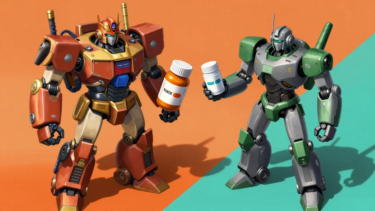 Two robots comparing brand name versus generic drug costs in an anime style
