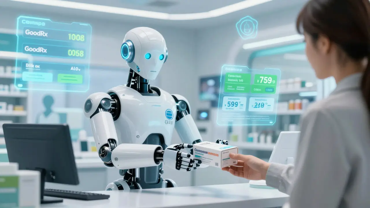 Android pharmacist handing pills in futuristic clinic