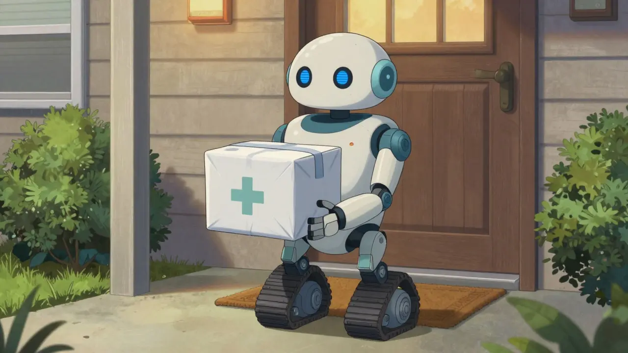 Courier robot delivering a secure medication package to a doorstep