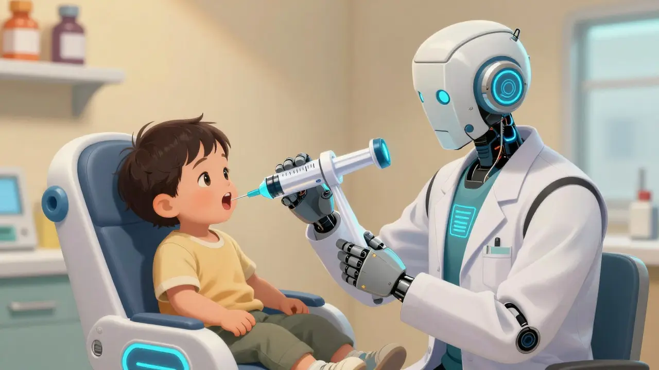 Doctor administering medicine to toddler with futuristic syringe device