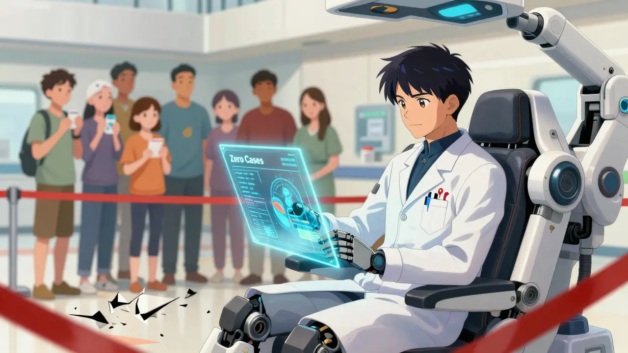 Doctor in medical mecha reviewing zero-risk data for migraine patients