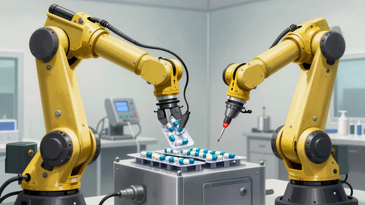 Industrial robots precisely assembling and scanning generic antibiotic capsules