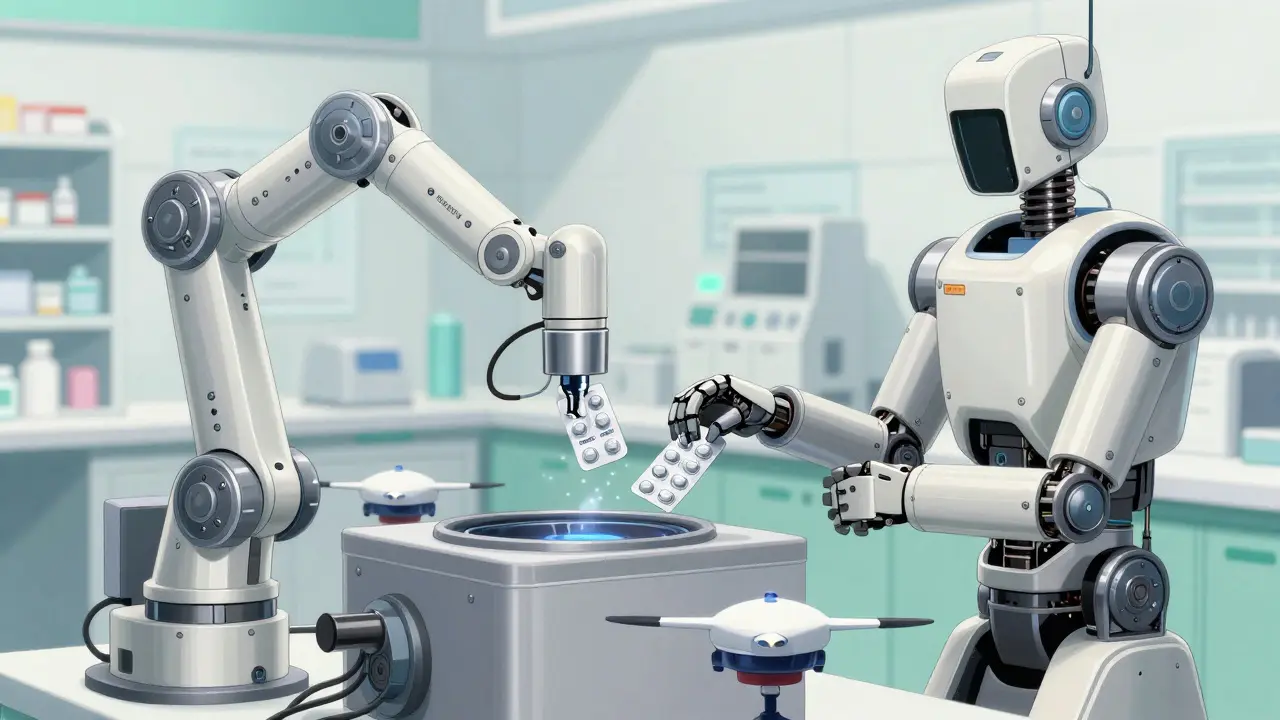 Mechanical robots dispensing medication in a futuristic pharmacy
