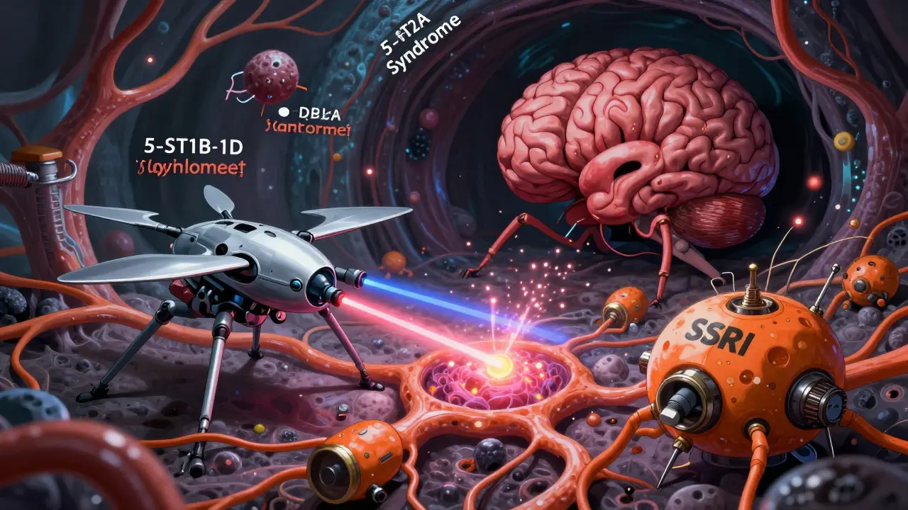Mechanical triptans and SSRIs interacting safely in a stylized brain schematic