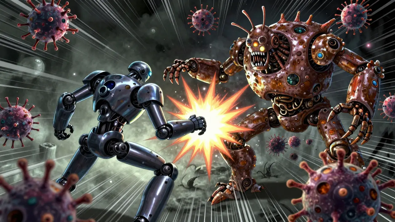 Metallic antibiotic robots fighting evolving bacterial machines in microscopic view