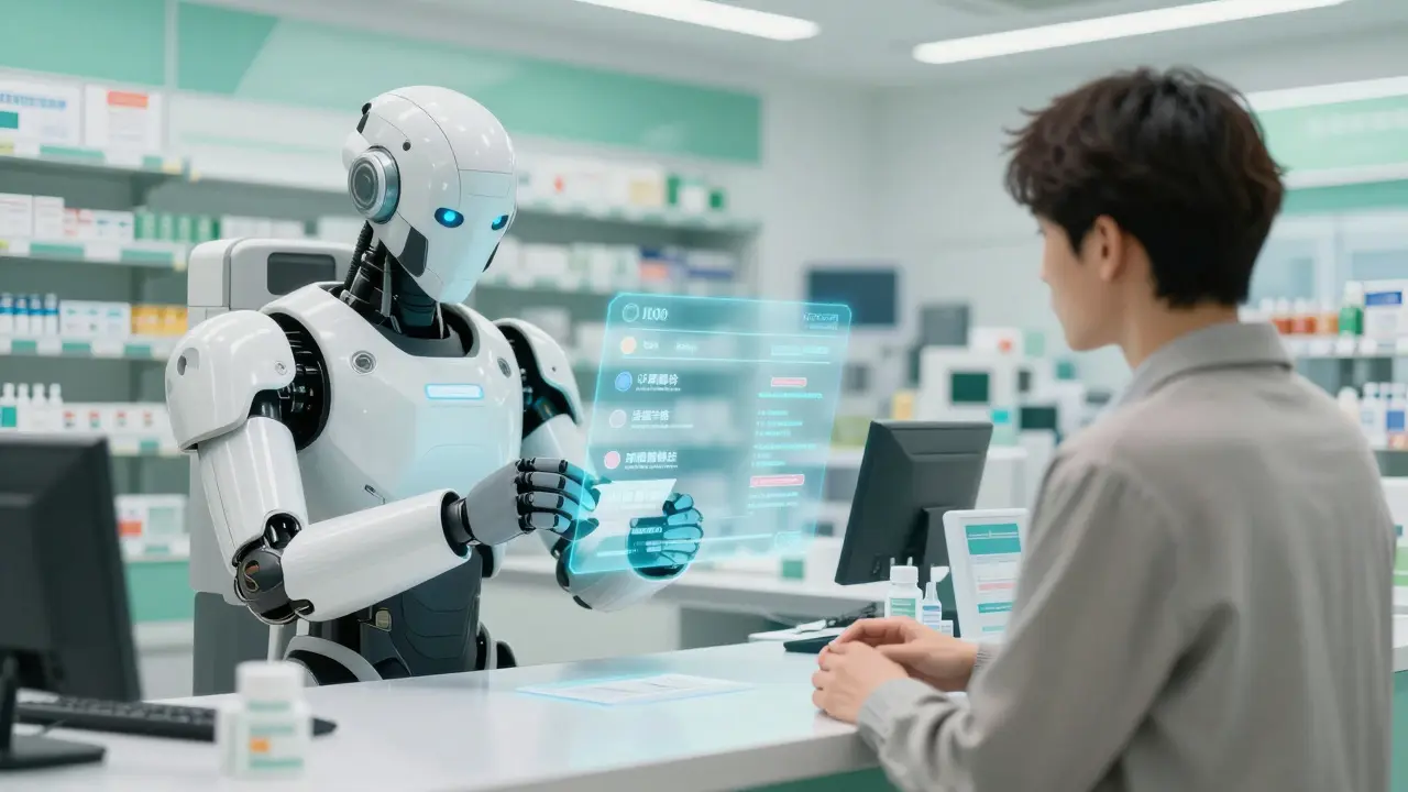 Pharmacist and patient verifying prescription with holographic tech