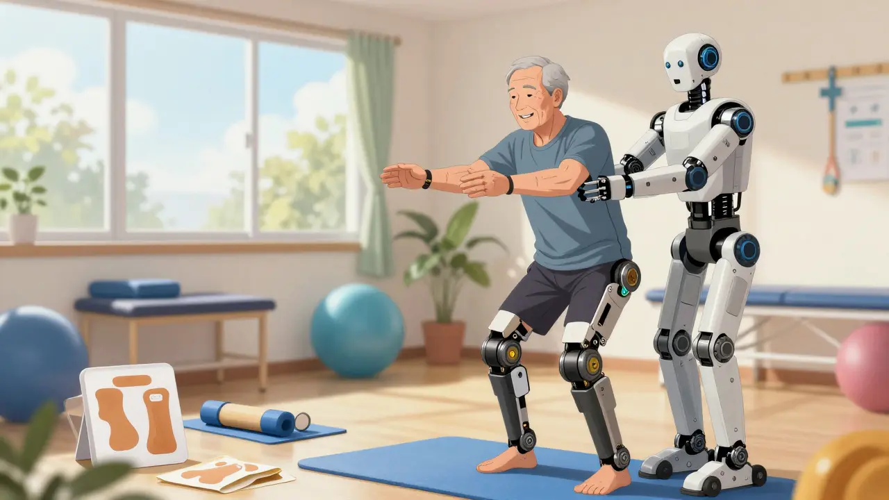 Senior using exoskeleton for physical therapy recovery