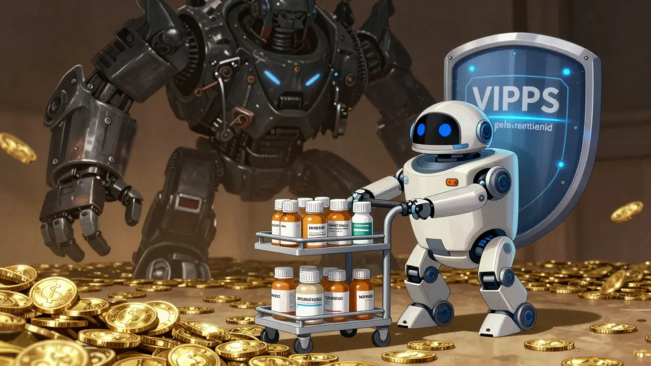 Service droid pushing a cart of medicines over coins, blocking counterfeit threats