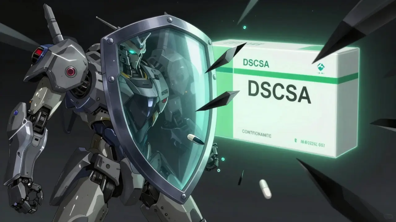 Shield protecting genuine meds from fakes in real robot anime art