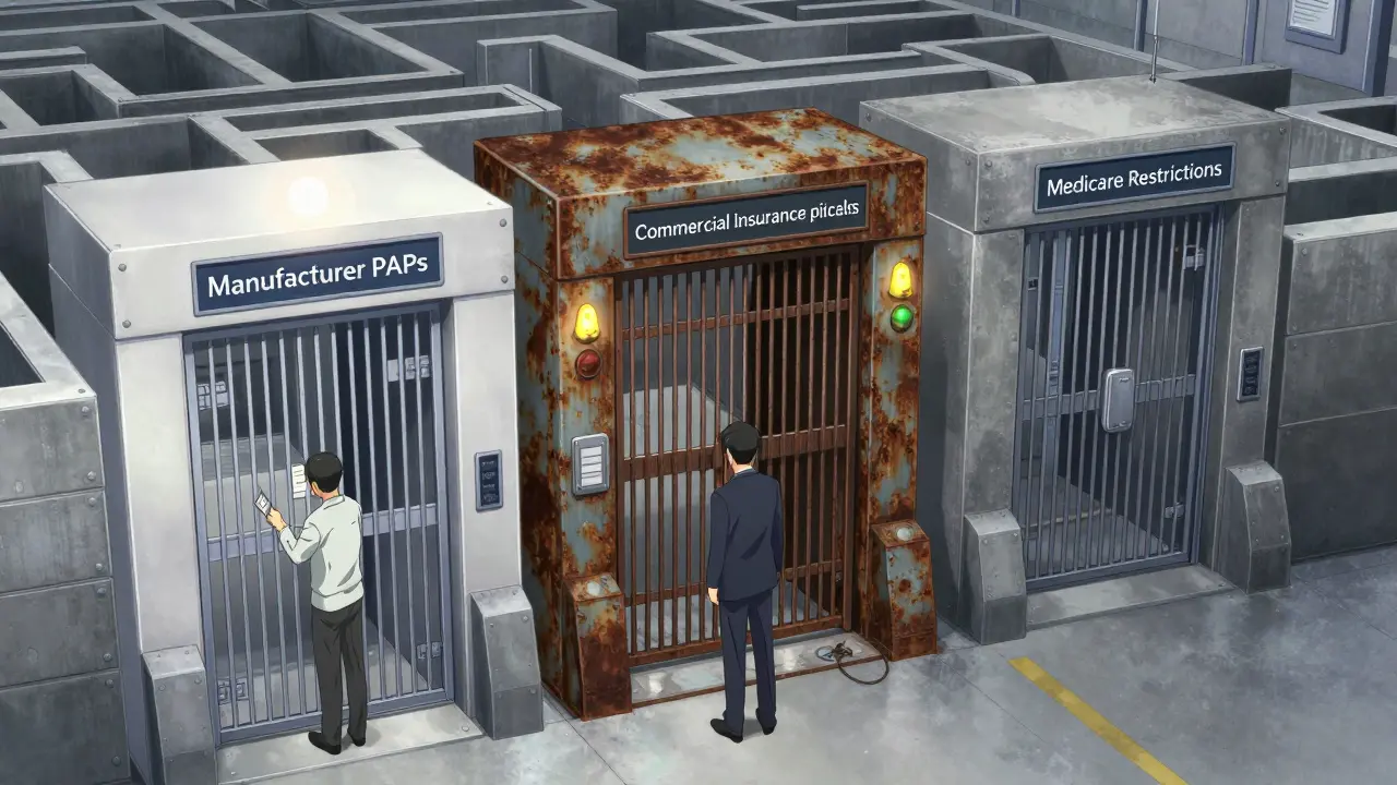 Complex maze representing pharmaceutical assistance programs
