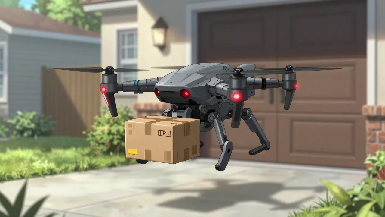 Delivery drone robot bringing medication to a home doorstep